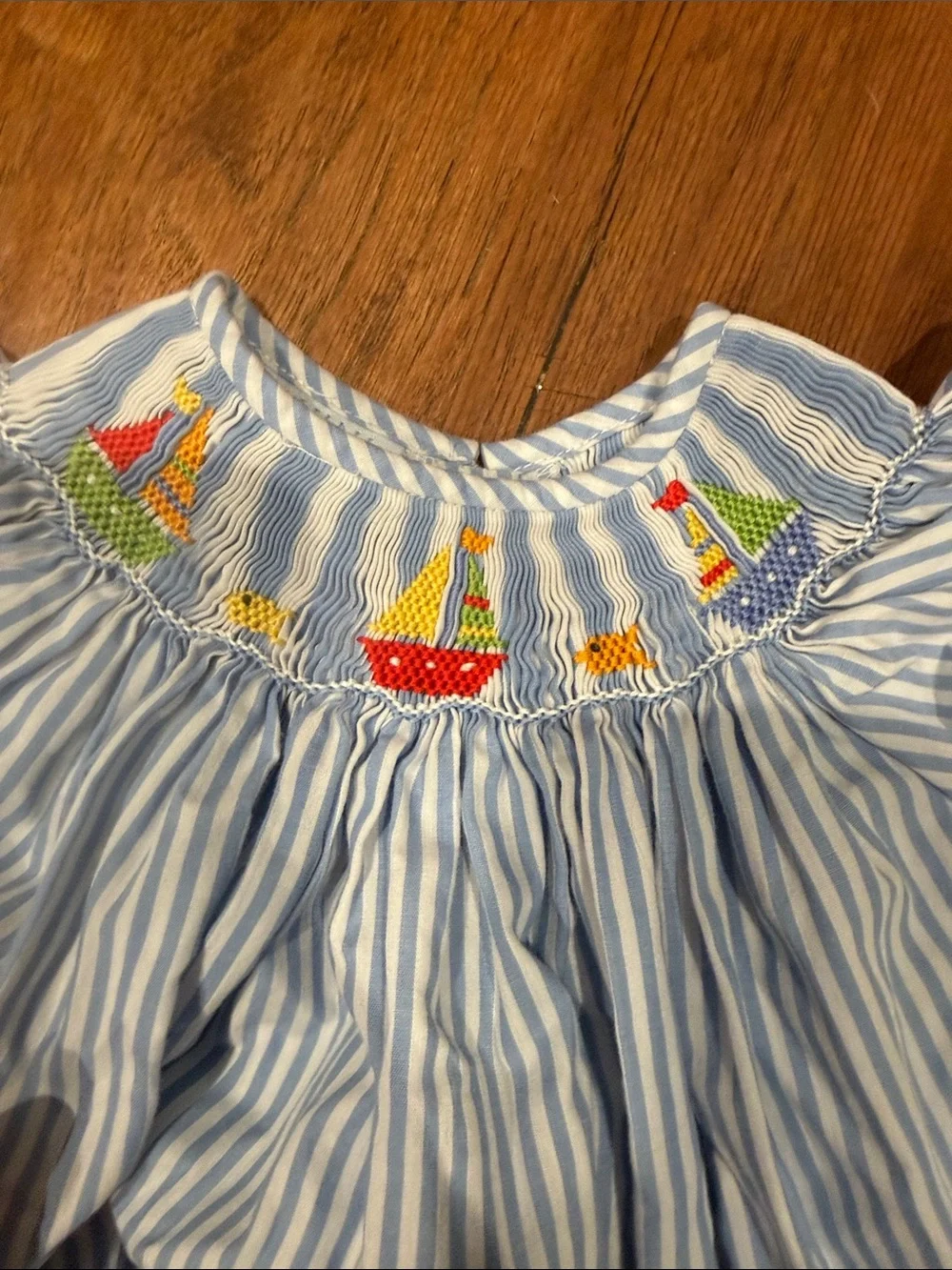 Girls' Blue & White Striped Smocked Sailboat Dress with Red Trim